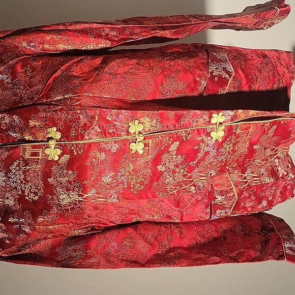 Vintage Peony Brand Red Rayon Mandarin Jacket, Size: L - Picture 2 of 6